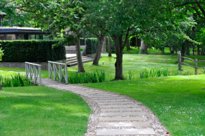 Classic english garden path and bridge